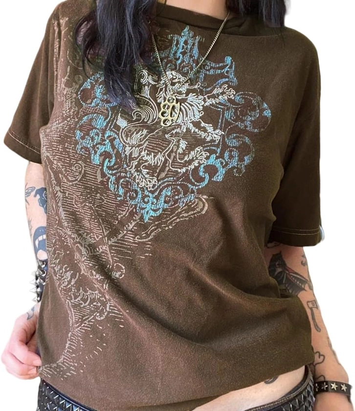 Women Y2K Grunge Short Sleeve T-Shirt E-Girl Punk Gothic Summer Graphic Tee Tops Vintage Harajuku Crop Tee Shirts (Brown-8, L) at Amazon Women’s Clothing store