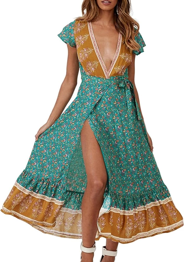 ZESICA Women's 2024 Bohemian Floral Printed Wrap V Neck Short Sleeve Split Beach Party Maxi Dress,Light Green,X-Large at Amazon Women’s Clothing store