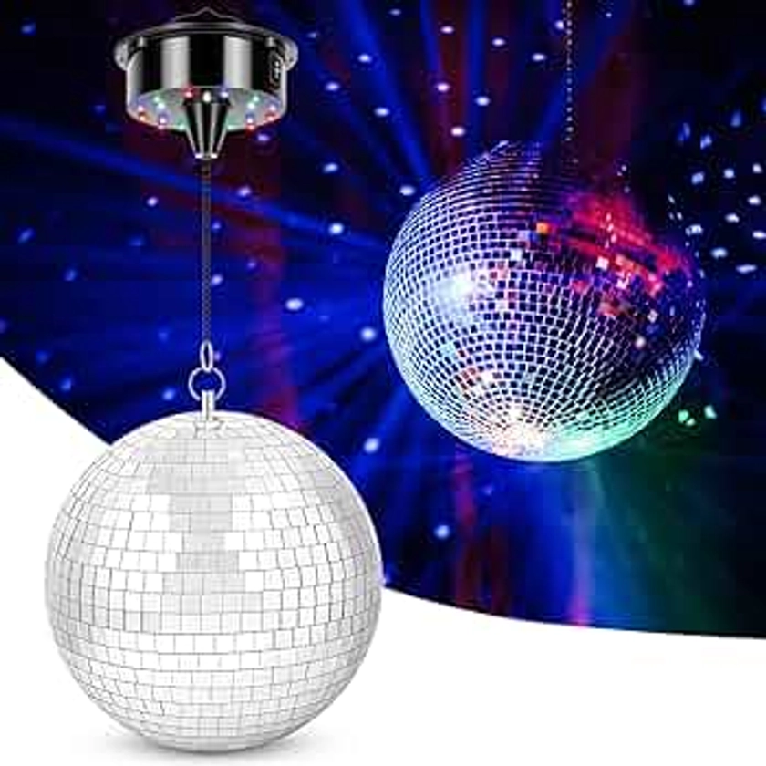 Disco Ball with Motor and Light, 8" Hanging Mirror Ball and 6RPM Batteries Powered Rotating Motor with 4 Light Colors and 18 LEDs for Disco Party Decoration, DJ Club, Wedding, Birthday