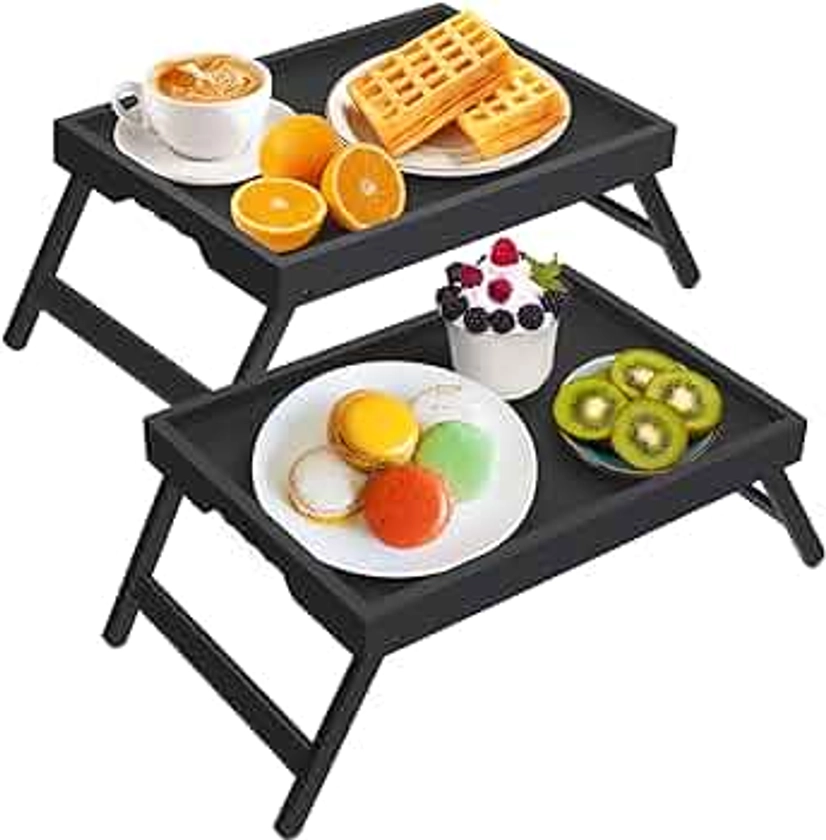 Artmeer Bed Tray Table with Folding Legs,Bamboo Breakfast in Bed for TV Table, Laptop Computer Tray,Eating,Snack Tray Black 2 Pack (Black)