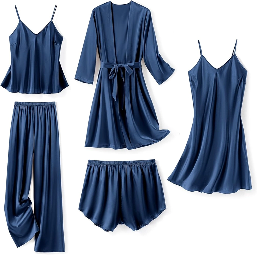 SAPJON Silk Pajamas for Women 5Pcs Sleepwear Loungewear Satin Robe Cami Shorts Pj Set