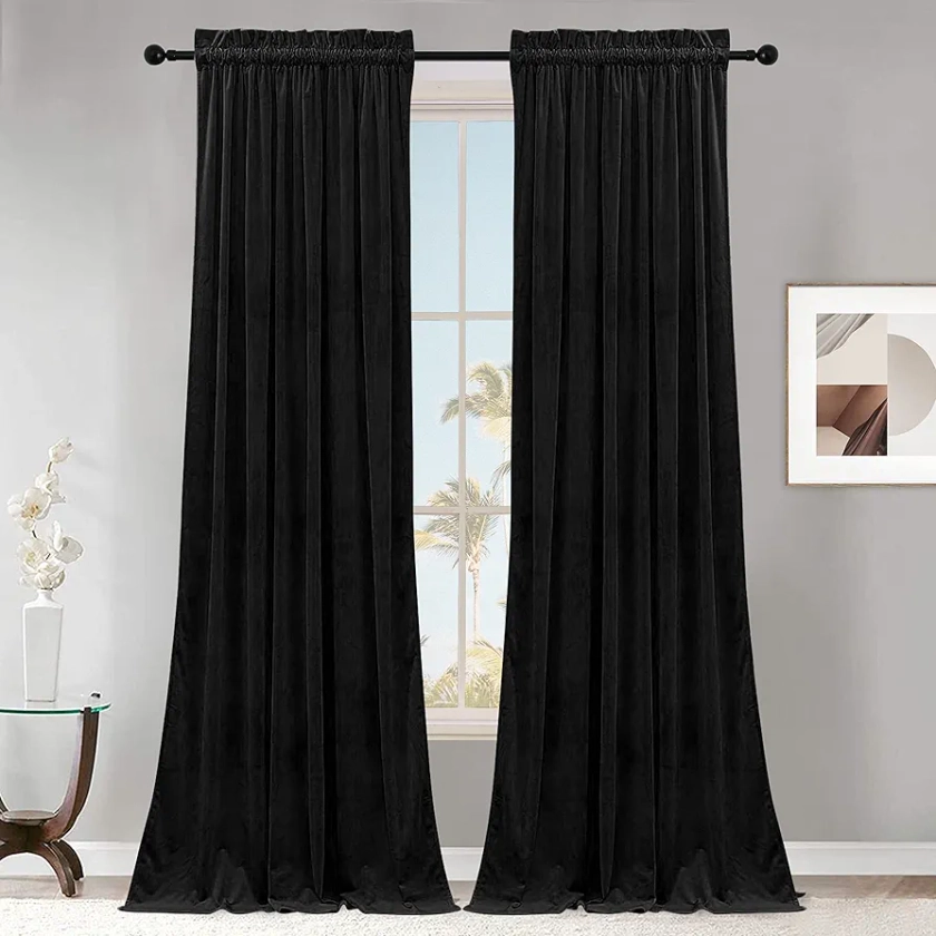 Black 95in Long Velvet Curtains with Rod Pocket Thermal Insulated Soft Privacy Room Darkening Velvet Drapes for Bedroom and Living Room, Set of 2 Panels, 42 x 95 Inches Long