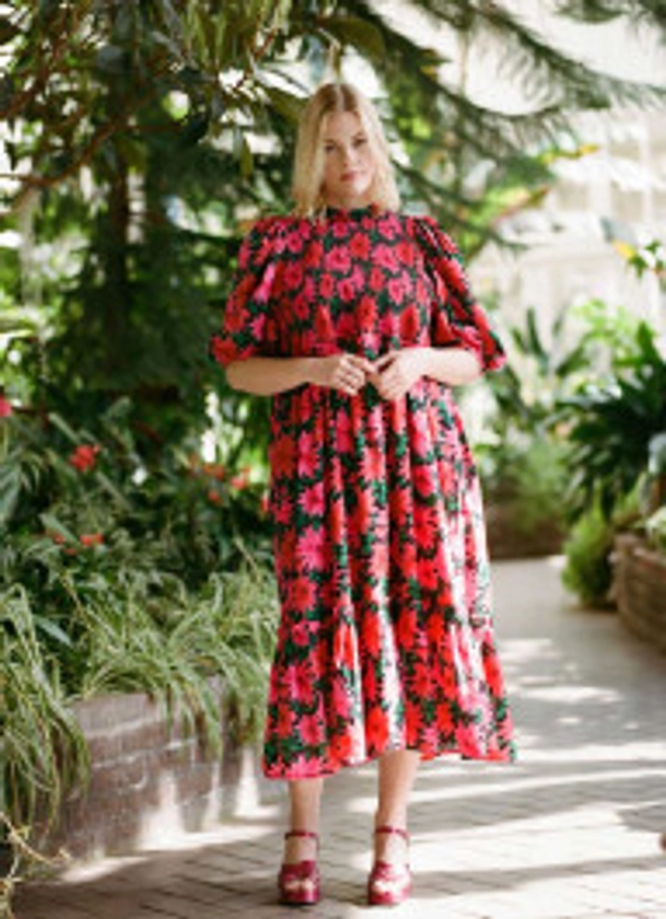 Priya Dahlia Floral Print Puff Sleeve Midi Dress