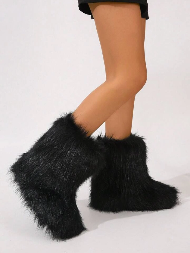 Women's Winter Faux Fox Fluffy Flat Snow Boots Knee-High Black Booties Furry Boots Female Footwear