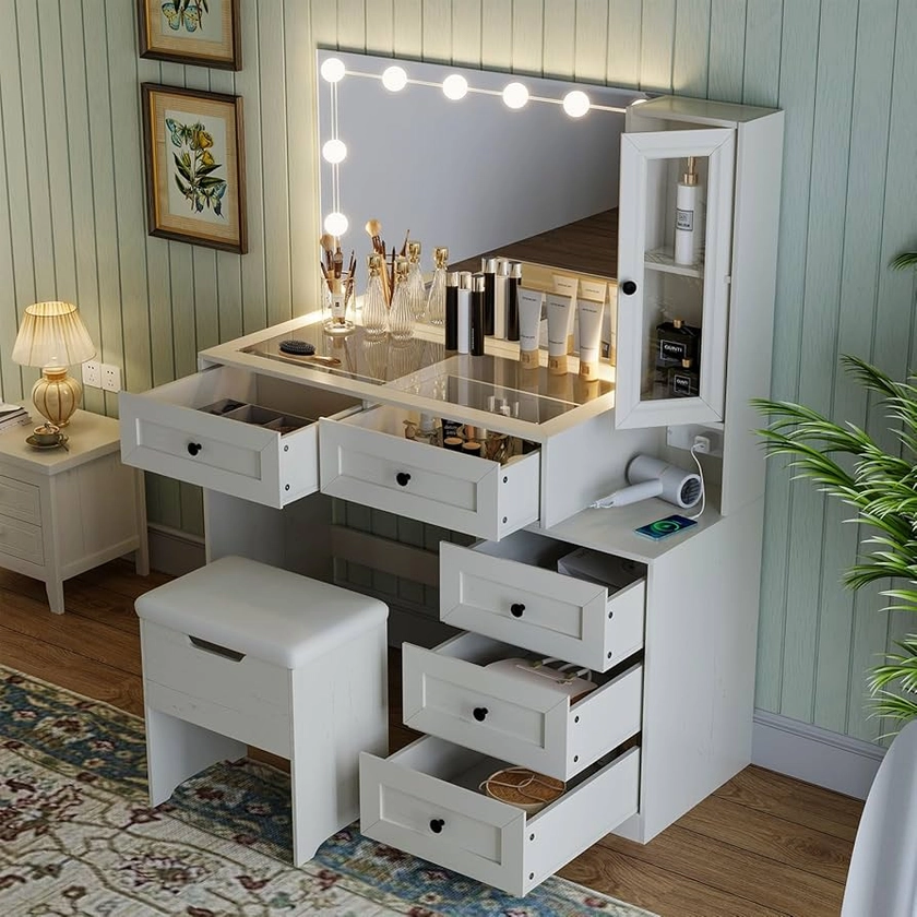 Farmhouse Mirror Large Vanity Desk with LED Bulbs, Makeup Vanity Table Set with Glass Tabletop, Charging Station & Power Outlet, Adjustable Lighting Modes, Bedroom, White