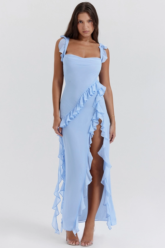 Clothing : Maxi Dresses : 'Ariela' Soft Blue Ruffle Maxi Dress 
