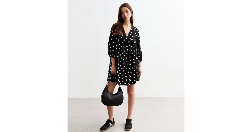 Black Polka Dot Mini Smock Dress | New Look