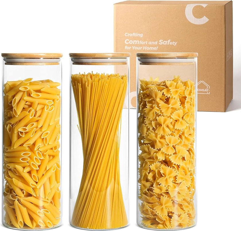 ComSaf 2050ml Glass Spaghetti Pasta Storage Container with Lids Set of 3, Tall Clear Airtight Food Storage Jar with Cover Kitchen Pantry Storage Container for Noodles Flour Cereal Coffee Beans