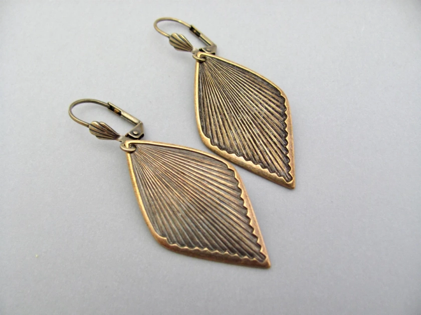 Art Deco Brass Earrings Diamond Shape Antiqued Brass Jewelry Holiday Earrings