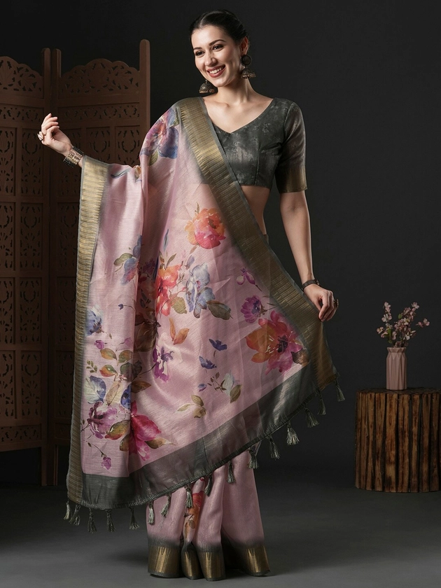 Anouk Mauve & Blue Floral Printed Zari Saree