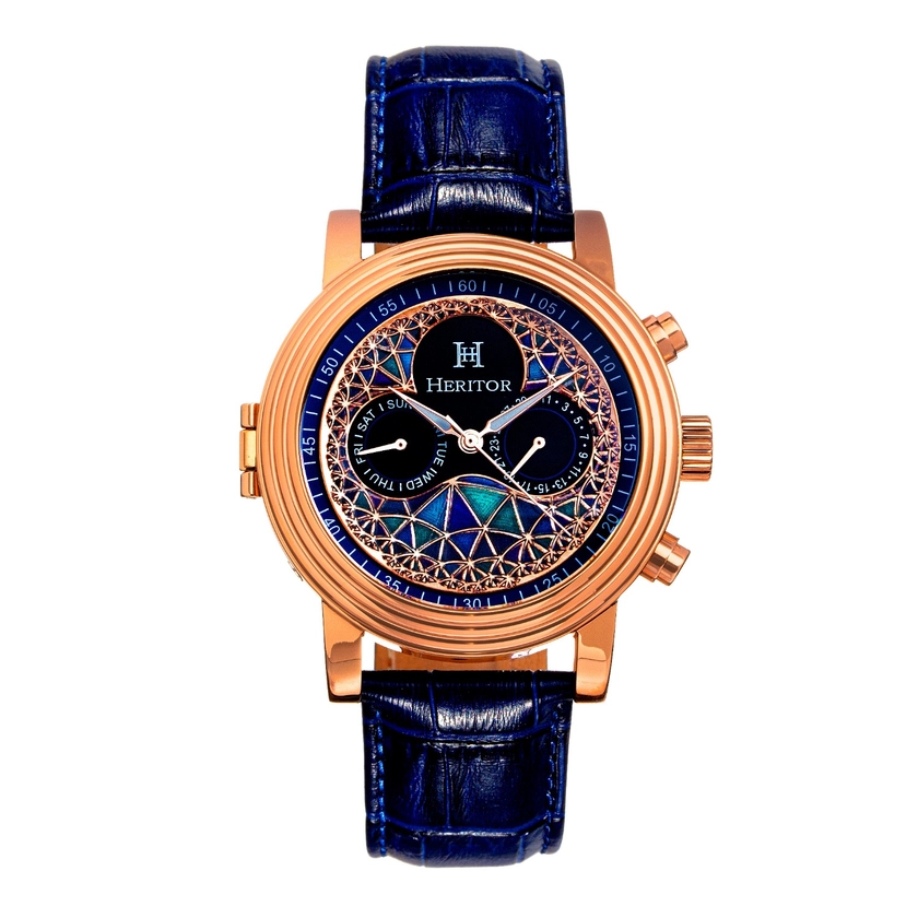 Legacy Leather-Band Watch with Day and Date - Blue, Rose Gold by Heritor Automatic