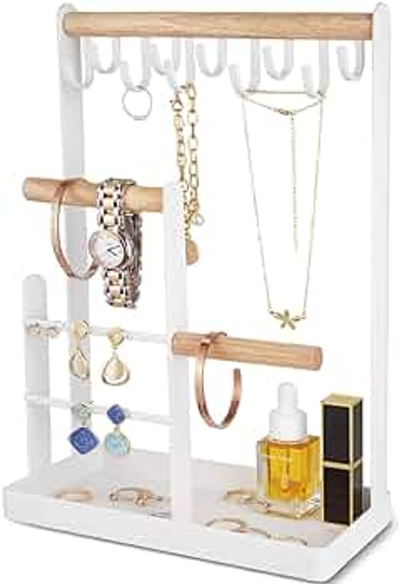 ProCase Jewelry Organizer Jewelry Stand Jewelry Holder Organizer, 4-Tier Necklace Organizer with Ring Tray, Small Cute Aesthetic Jewelry Tower Storage Rack Tree for Bracelets Earrings Rings -White