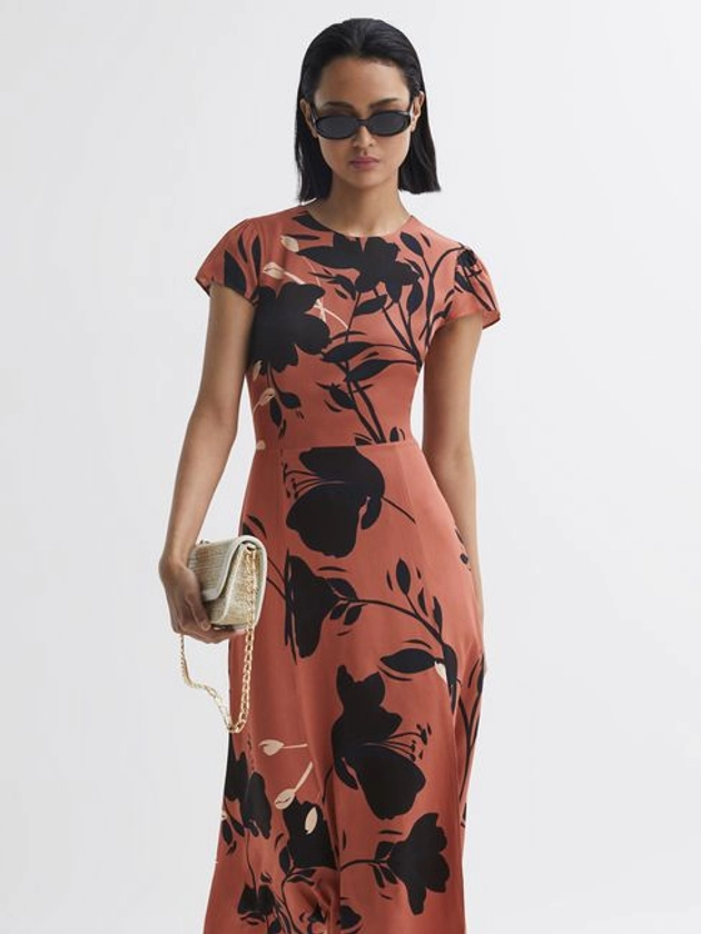 Floral Printed Midi Dress in Blush/Black - REISS