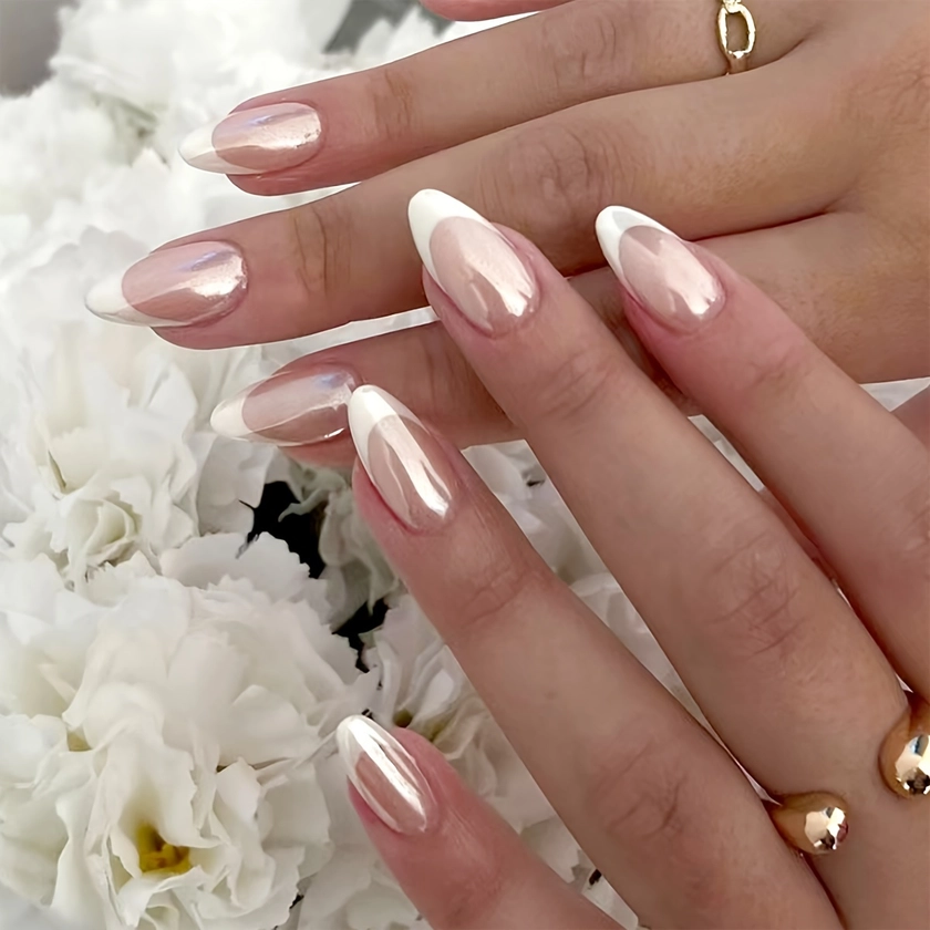 24pcs Glossy Medium Almond * Nails, Aurora Pinkish Press On Nails With White French Tip, Sweet Cool False Nails For Women Girls - Daily Wear