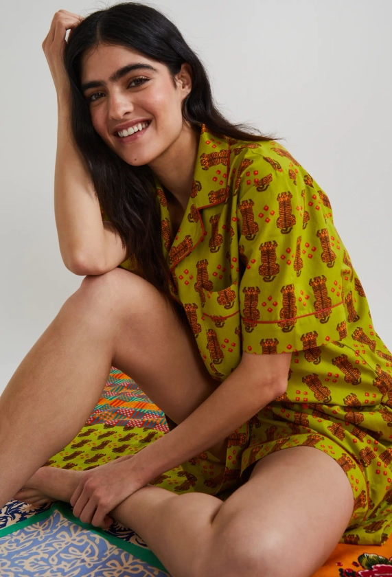 Printed cotton short pajamas - LISA CORTI X MONOPRIX DARK GREEN for women - MONOPRIX CREATORS