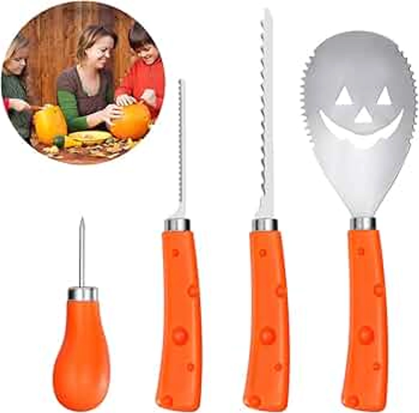 BESTonZON Set of 4 Pumpkin Carving Kit - Heavy Duty Stainless Steel Pumpkin Carving Tools for Halloween Creative Carving