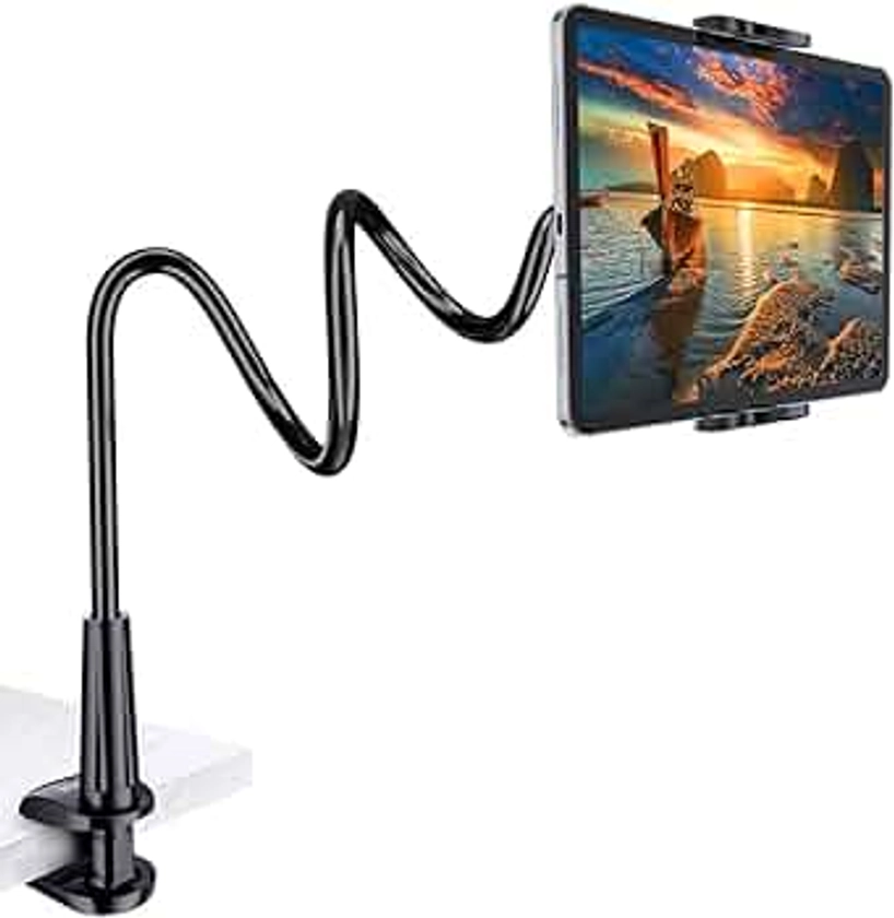 Gooseneck Tablet Holder Stand for Bed: Tryone Adjustable Flexible Arm Tablets Mount Clamp on Table Compatible with iPad Air Mini | Galaxy Tabs | Kindle Fire | Switch or Other 4.7-10.5" Devices(Black)