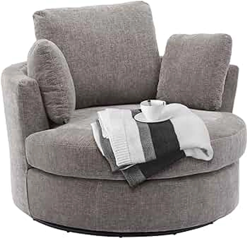 42" W Chenille Swivel Barrel Chair Swivel Accent Sofa with 3 Pillows, 360 Degree Loveseat Modern Oversized Arm Chair Cozy Club Chair for Bedroom, Living Room, Office, Grey