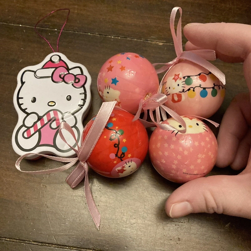 Hello Kitty Christmas Ornament Lot Of 5 Pink Ball Tin 1.75” - 3” Sanrio
