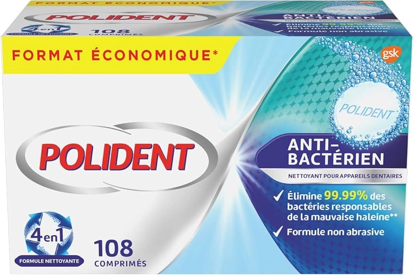 Polident Nettoyant, Pour Prothèses Dentaires Partielles ou Complètes Policent Antibactérien; 108 Comprimés