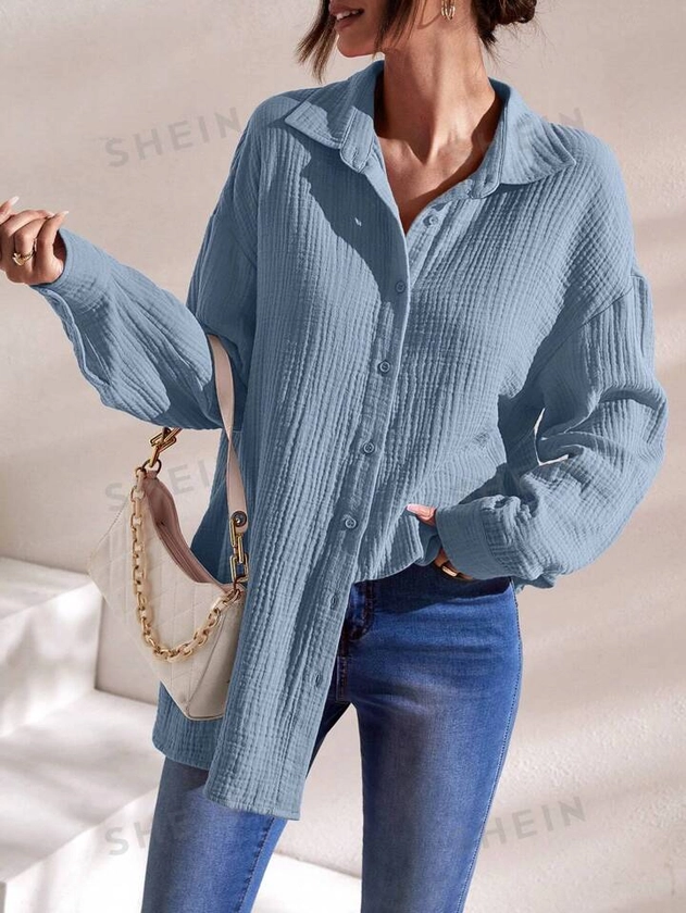SHEIN Frenchy Solid Drop Shoulder Button Front Shirt | SHEIN USA