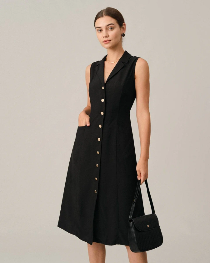 The Black V-Neck Tunic Midi Dress - Black V Neck Sleeveless Solid Midi Dress - Black - Dresses | RIHOAS