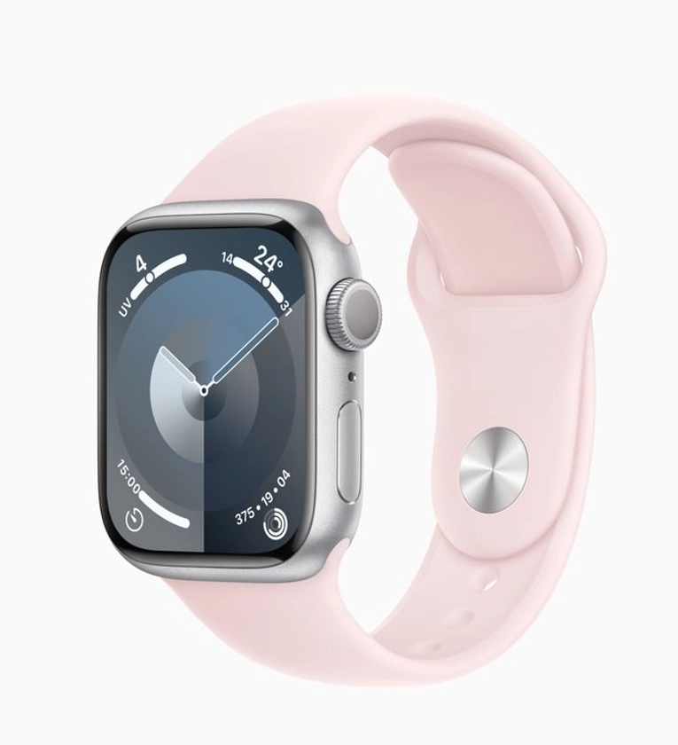 Acheter un modèle Apple Watch Series 9 GPS, Boîtier en aluminium argent de 41 mm, Bracelet Sport rose pâle - S/M