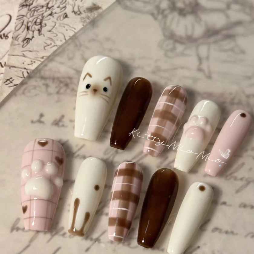 Pink Sugar Kitty Press on Nailkawaii Hand Painted Reusable Nailscute Animal Nailscharm Nails Manicurecat Paw Nailspremium Nails Gift - Etsy