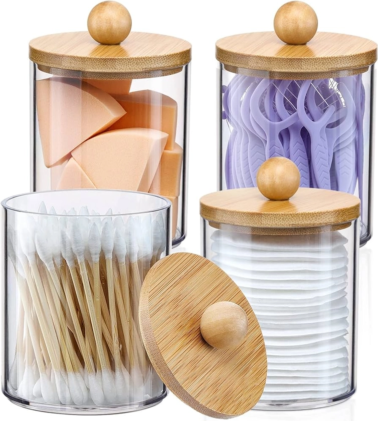 4 Pack Qtip Holder Dispenser with Bamboo Lids - 10 oz Clear Plastic Apothecary Jar Containers for Vanity Makeup Organizer Storage - Bathroom Accessories Set for Cotton Swab, Ball, Pads, Floss