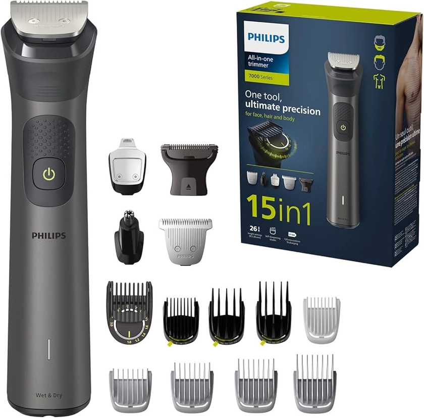 Philips Multigroom Series 7000 - Tondeuse tout-en-un équipée de 15 sabots pour le visage, la tête et le corps, et 26 hauteurs de coupe (de 0,5 à 20 mm) pour une précision ultime (modèle MG7950/15)