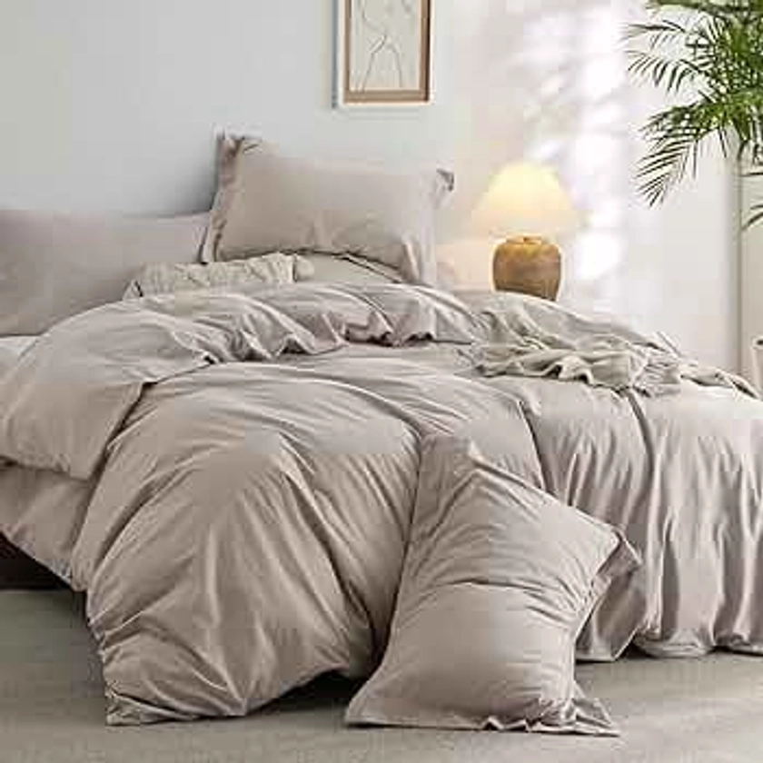 Bedsure 100% Washed Cotton Duvet Cover King Size - Linen Grey Minimalist Cotton Duvet Cover Set Linen Like - 3 Pieces Plain Simple Duvet Cover with 2 Pillow Shams (Linen Grey, King, 104"x90")