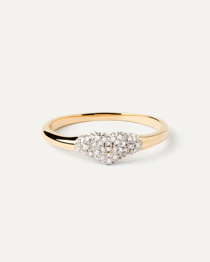 Bague chevalière en or jaune en forme de cœur avec 48 diamant de la... | Bague Chevalière en Or Et Diamants Super Heart | PDPAOLA