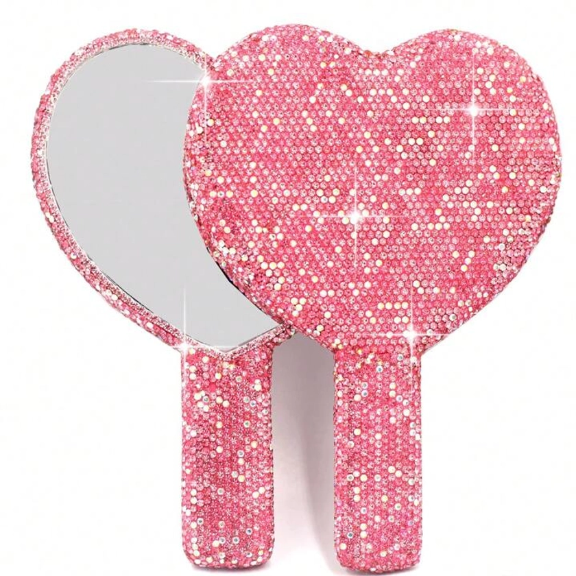 Bling Rhinestone Heart Handheld Mirror - Portable & Dazzling Makeup Mirror For On-The-Go Touch-…
