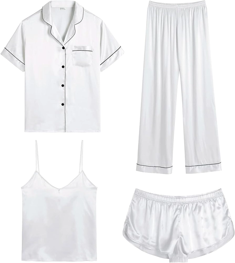 SWOMOG Womens 4pcs Pyjamas Sets Silk Satin Pyjamas Sexy Cami with Button Down Short Sleeve Shirt Pjs Sleepwear Set
