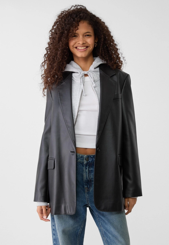 Regular fit leather effect blazer - Women's Jackets | Stradivarius Italy