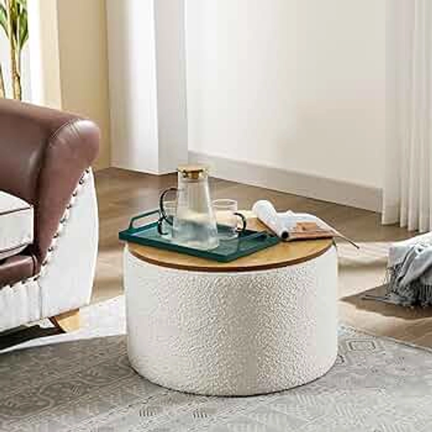 ONEVOG Large Ottoman Round Storage Ottoman with Wooden Lid, Living Room Round End Table No Assembly Required, Durable Boucle Fabric, Multipurpose End Table Support 300lbs