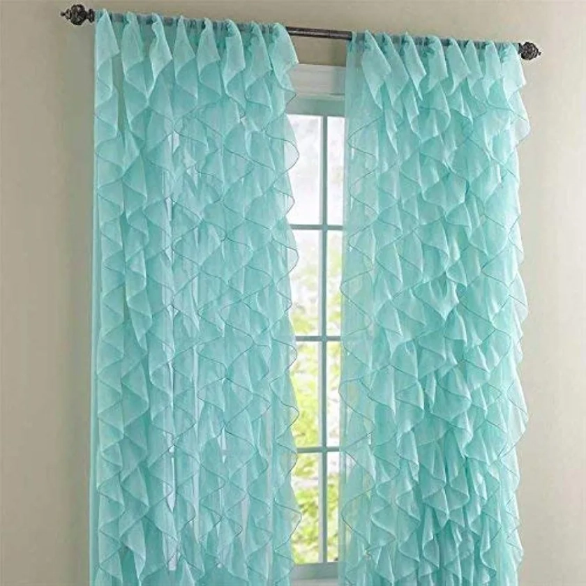 Rooney 2PC Sheer Voile Ruffled Curtain Panels (Sea, 50" X 84")