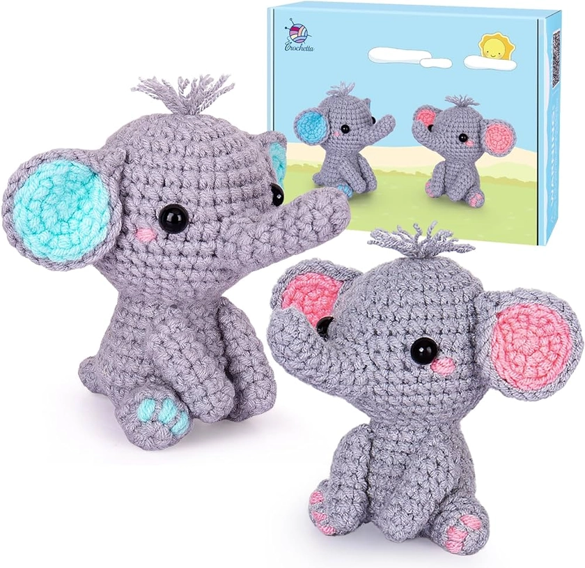 Crochetta Crochet Kit for Beginners, Beginner Crochet Starter Kit with Step-by-Step Video Tutorials, Learn to Crochet Kits for Adults Kids, DIY Knitting Supplies, 2 Pack Elephant Family (40%+ Yarn)