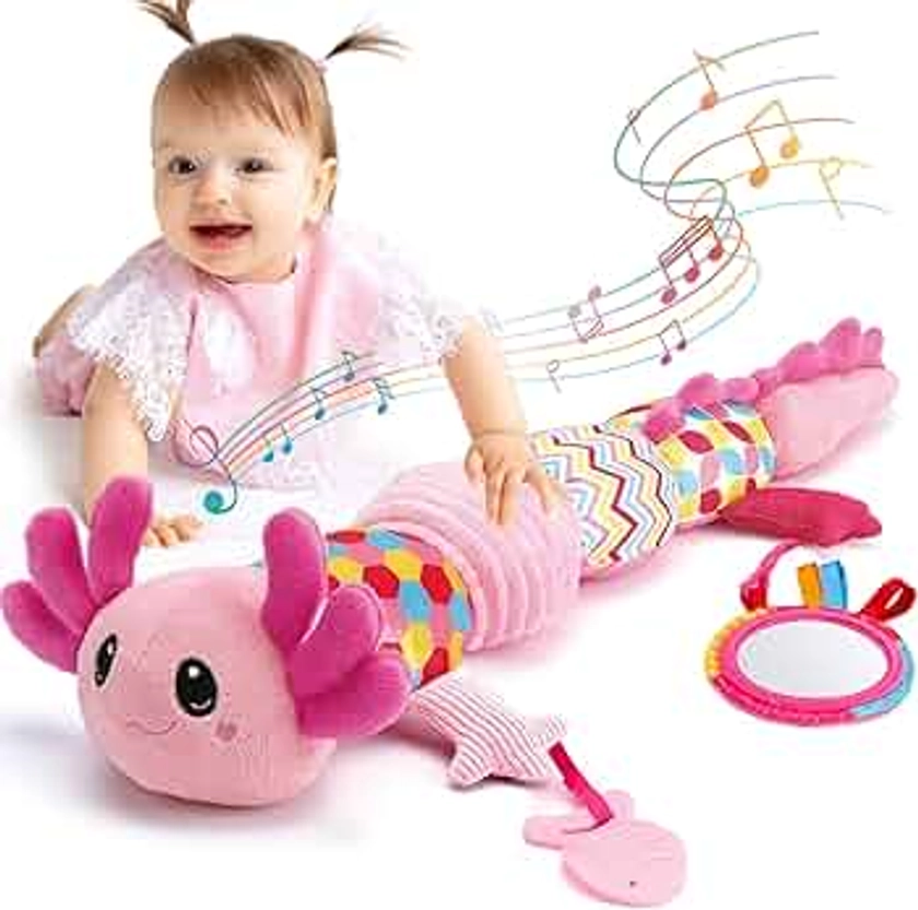 hahaland Tummy Time Toys for Babies 0-6 Months - Musical Axolotl Plush with Rattle,Teether,Mirror,Squeaky,Crinkle - Infant Toys 0-12 Months