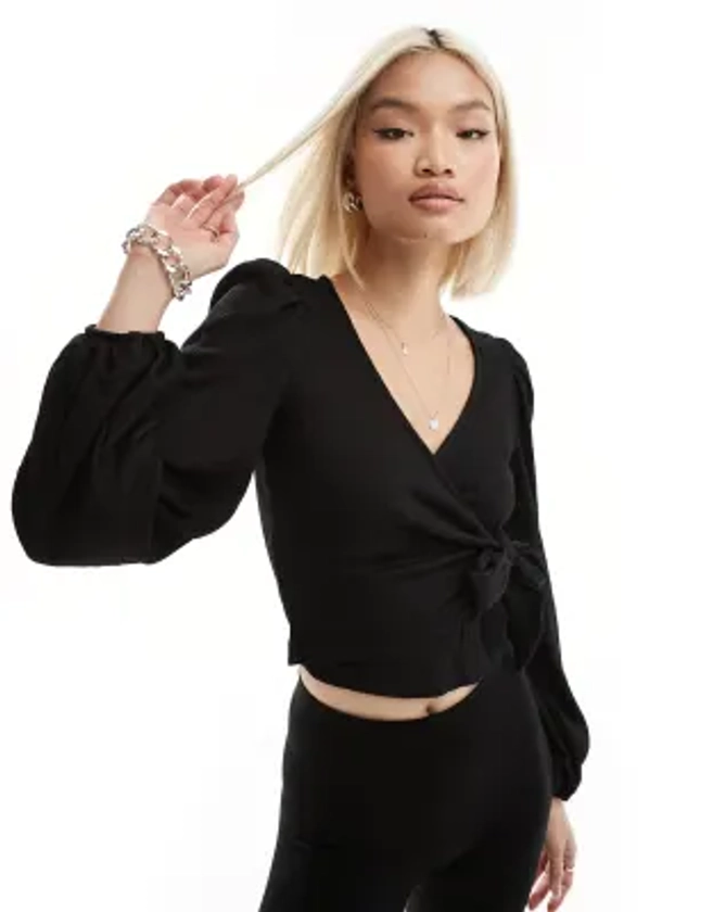 Monki tie detail wrap top in black | ASOS