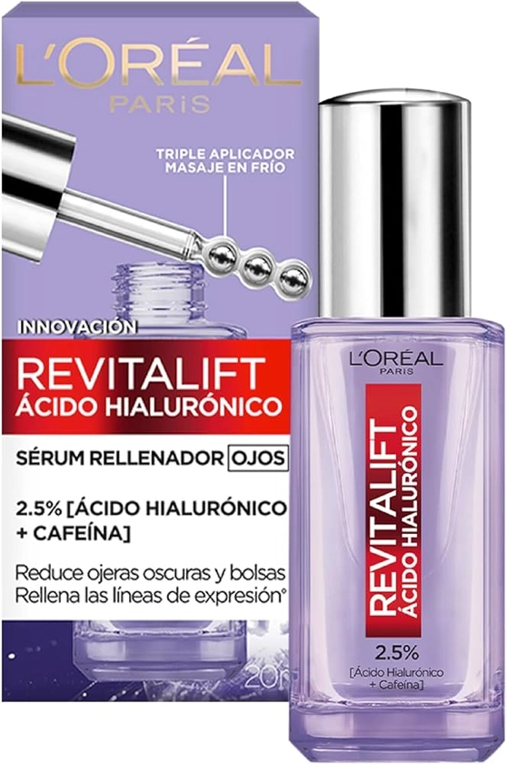 L'Oréal Paris Sérum Ojos Revitalift Ácido Hialurónico revitaliza los ojos disminuye ojeras oscuras y bolsas, 20ml : Amazon.com.mx: Belleza