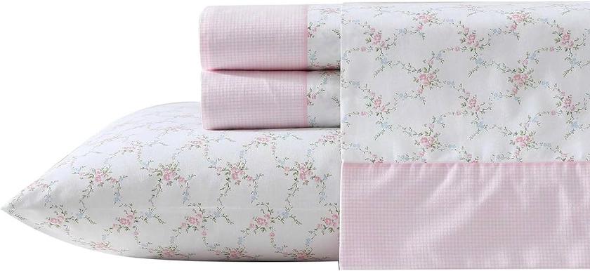 Laura Ashley - Sheet Set, Breathable Percale Cotton Bedding, 200 Thread Count, Deep Pocket, Chic Home Decor (Lynda Pink, King)