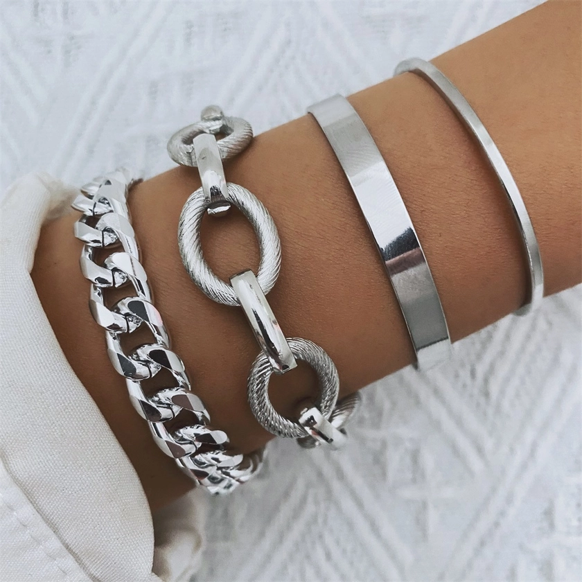 Metal Geometric Open Bracelet Fashion Twist Thick Chain Bracelet Set Of 4