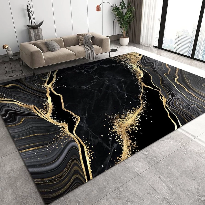 FIEMAR High-Grade Black Area Rugs, Abstract Gold Foil Print Bedroomrugs, Indoor Carpets Soft and Non-slip, Suitable for Living Room Kitchen Dormitory Study Room Corridor Restaurant-180 x 220 cm