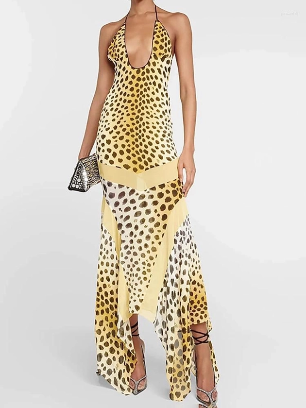 Casual Dresses Sexy Backless Print Leopard Women Maxi Dress Patchwork Halter Evening Femme Summer Elegant Party Beachwear 2024