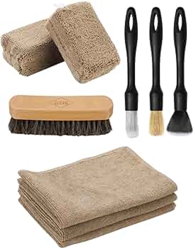 9PCS Car Interior Detailing Set, Microfiber Cloth & Applicator, Detailing Brushes, Natural Bristles, Scratch-Free & Ultra-Soft for Seats Leather Care or Cleaning