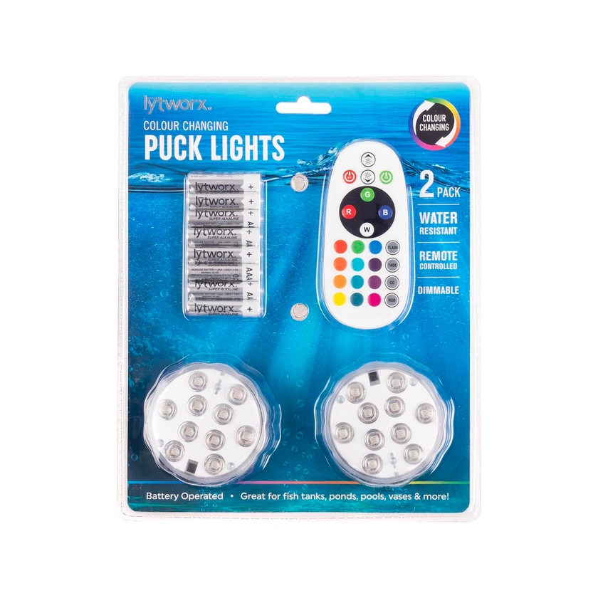 Lytworx Colour Changing Water Resistant Puck Lights - 2 Pack