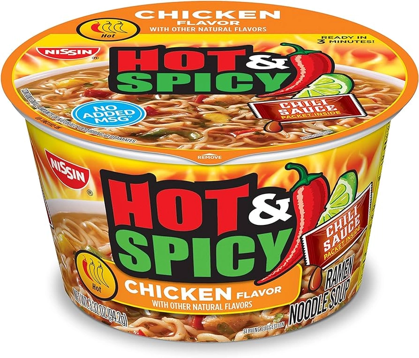 Nissin Hot & Spicy Ramen Noodle Soup, Chicken, 3.32 Ounce (Pack of 6)