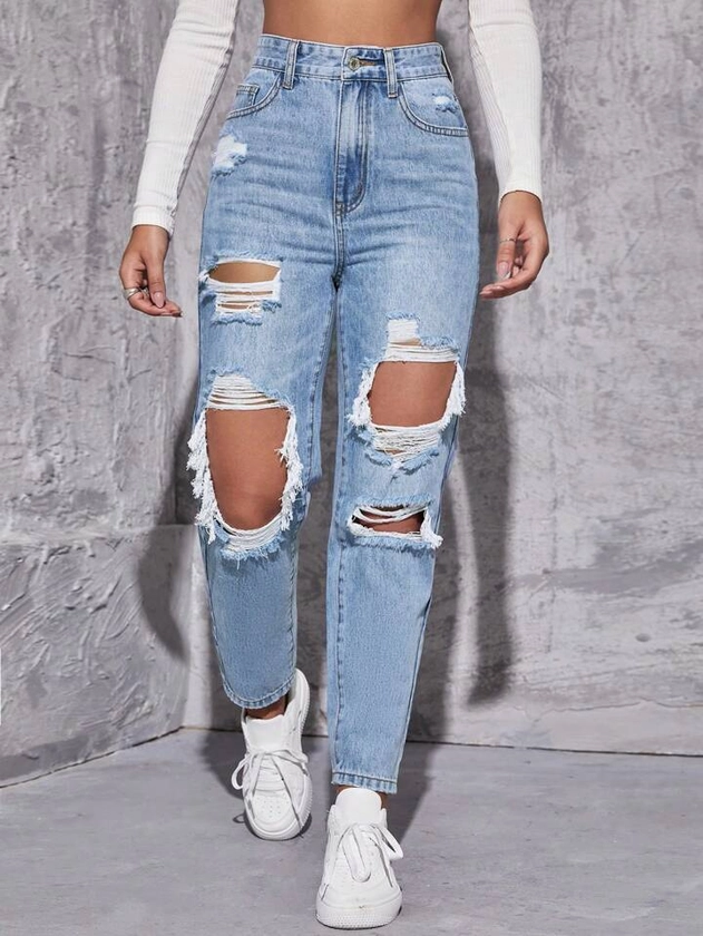 SHEIN High Waist Straight Leg Ripped Jeans