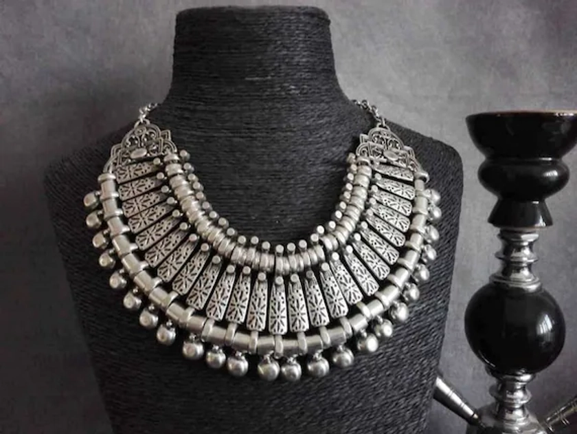 Silver plated statement necklace, antique silver bohemian chunky bib necklace, ethnic turkish jewelry COZ11